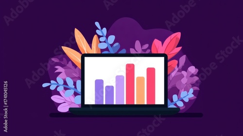  colorful illustration of a laptop displaying bar graphs, surrounded by vibrant foliage, symbolizing data visualization and growth.
