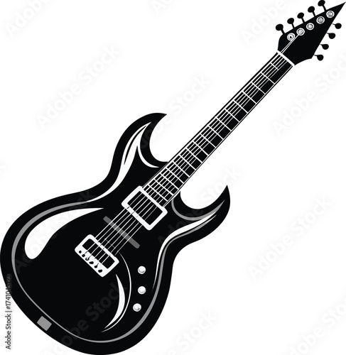 Black electric guitar with white accents on white background