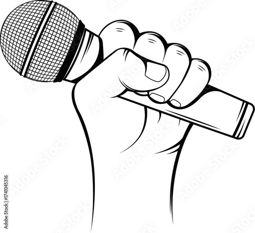 Vector of hand holding a microphone. microphone in a hand. hand holding karaoke microphone. A fist hand holding a microphone or mic in a vintage intaglio woodcut engraved or retro propaganda style