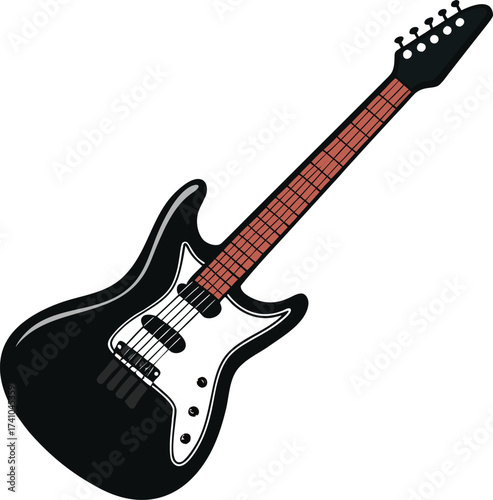 Black electric guitar with white pickguard and red fretboard