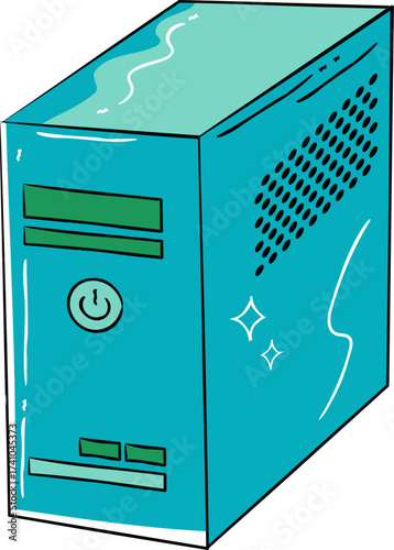 Pc Tower. CPU vector illustration. Computer tower flat vector design. Pc Tower Vector Icon. A desktop computer tower with vents and drive slots. Illustration of a sleek metallic computer server tower 