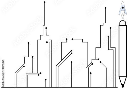 Circuit-inspired skyscrapers, a pen emphasizing creativity, and a rocket for innovation. Ideal for technology, education, startups, creativity, innovation engineering science. Simple flat metaphor