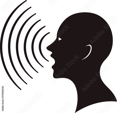 Black silhouette of a head emitting sound waves audio