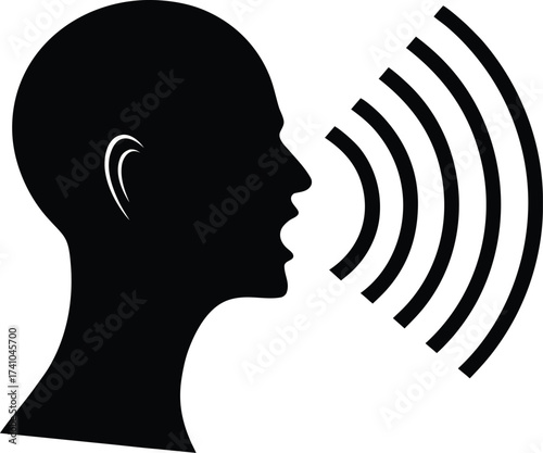 Black silhouette of a head speaking with sound waves