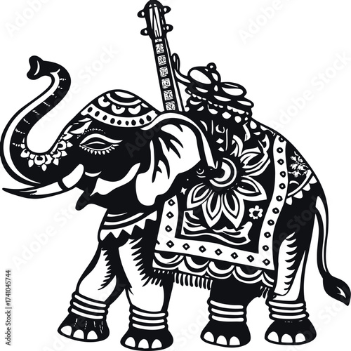 Black silhouette of an elephant with decorative patterns and a guitar