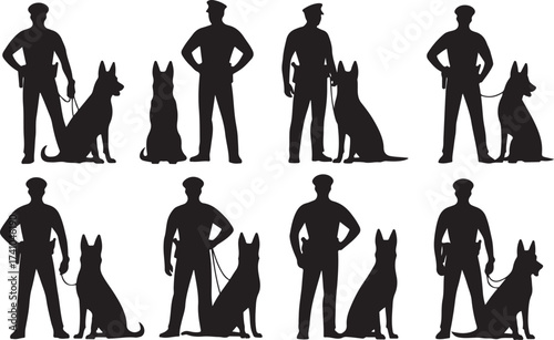 Police Officers with German Shepherds Silhouette Pack. 