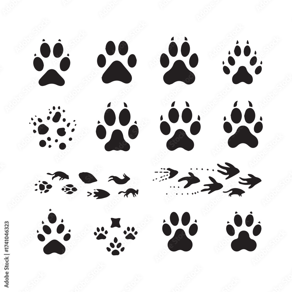 Fototapeta premium Assortment of Animal Paw Prints Footprints and Animal Silhouettes in Motion on White Background