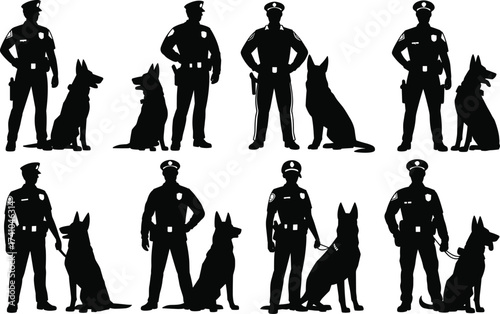 Police Officers with German Shepherds Silhouette Set. 