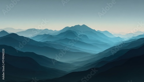 A layered landscape of blue and teal mountain ranges fades into the atmospheric perspective