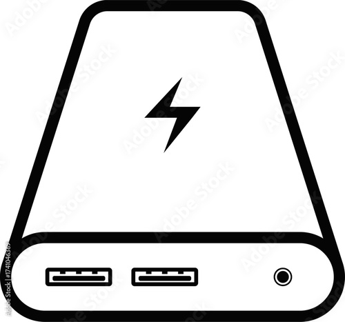 Vector of Power bank Icon. battery charger symbol with power button and lightning bolt. Power bank icon vector. Outline of power bank vector symbol and sign. Line icon of energy bank, Mobile phone 