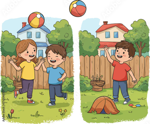 Children playing with beach ball outdoors, backyard fun, summer activity, joyful movement, active kids, nature play, friendship, colorful environment, bonding