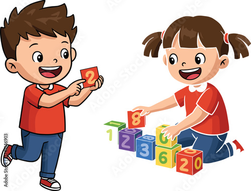 Children playing with colorful number blocks, early learning activity, counting fun, educational playtime, preschool development, indoor creativity, stacking, math skills