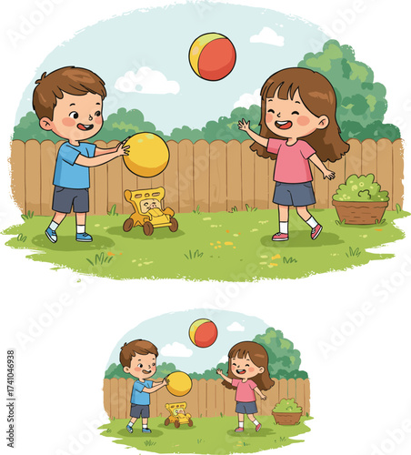 Children playing with colorful balls in backyard, outdoor fun, summer activity, physical movement, joyful interaction, safe environment, active kids, friendship