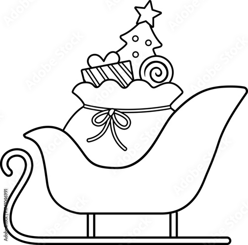 outline of  sleigh filled with Christmas gifts and a Christmas tree.
Santa's sleigh with gifts children's coloring pages.
Transparent background.