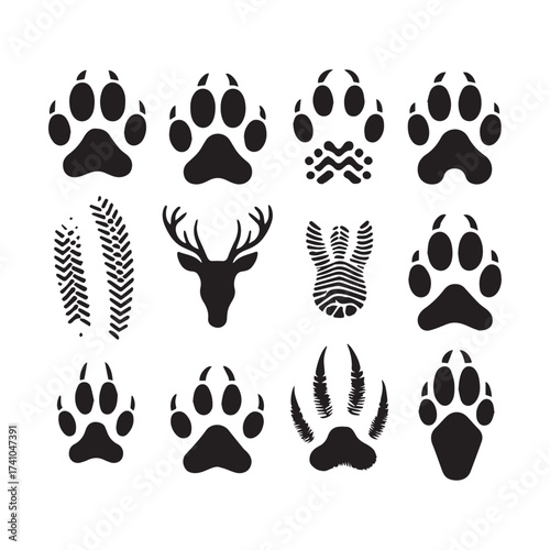 Assortment of black animal paw prints deer head and shoe prints on a white background Keywords: paw print, deer, antler, animal tracks, footprint, shoe print, boot print, tire track, wildlife