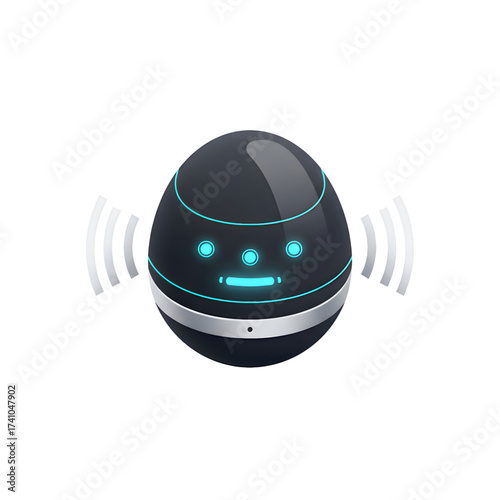 Glossy black spherical smart device with glowing blue face and sound waves