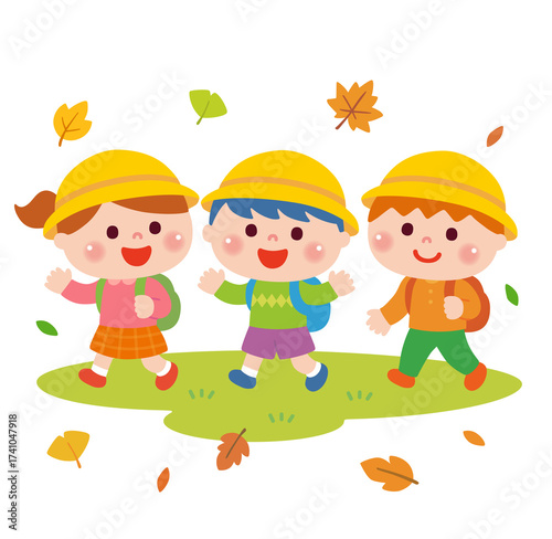 遠足で歩く子どもたち　秋バージョン