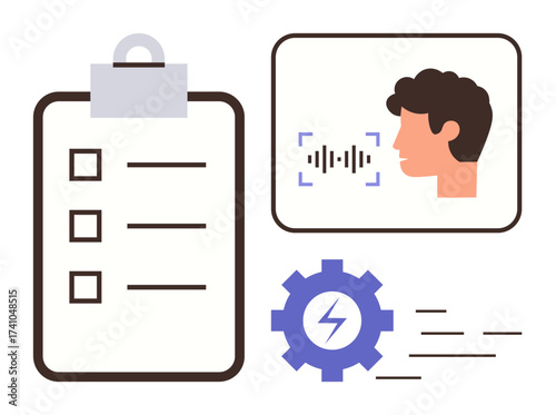 Clipboard with checklist, face with voice recognition wave, gear with energy bolt, and dynamic lines. Ideal for productivity, innovation, technology, workflow, automation smart tools modern