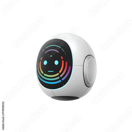 Futuristic white spherical robot with glowing blue eyes and rainbow arcs