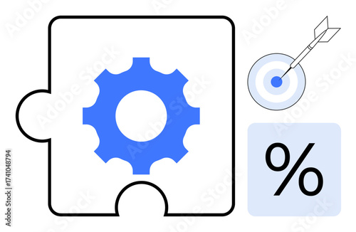 Gear in puzzle piece highlights systems and solutions. Bullseye with dart and percentage signify precision, growth, and metrics. Ideal for analytics, process improvement, strategy, efficiency