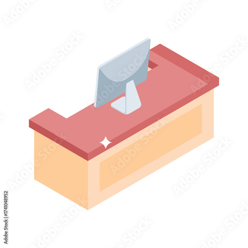 Trendy Isometric Illustration of a Modern Reception Desk with Computer