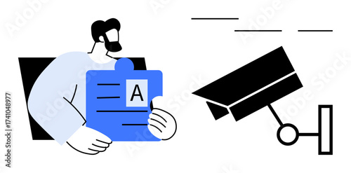 Man holding document with letter A, alongside a security camera. Highlights data protection, privacy, surveillance. Ideal for technology, privacy policy, monitoring, compliance security