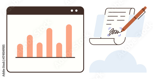 Bar chart in a browser window beside a digital document being signed with a pen. Ideal for analytics, data visualization, document management, productivity, online tools, digital workflow, simple