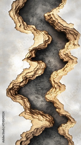 Abstract gold river flowing through a textured gray landscape, artistic design