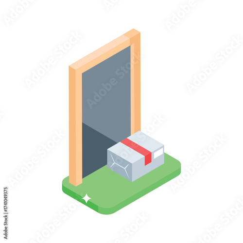 Creatively designed isometric icon of a package delivery at the front door.
