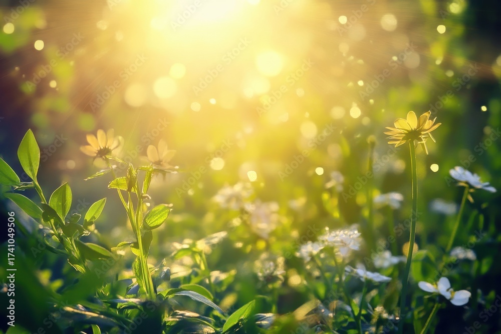 Fototapeta premium Bright sunlight illuminates blooming flowers in a lush green garden during springtime
