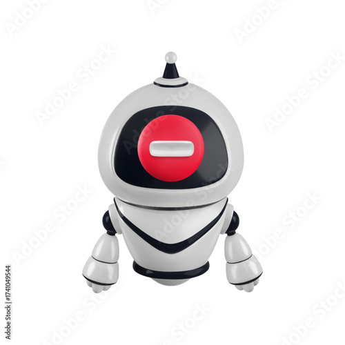 Vector Cartoon 3d blocked chat bot illustration. Realistic 3d render round red stop brick icon on robot face screen. Ban generated content, stop bot process.
