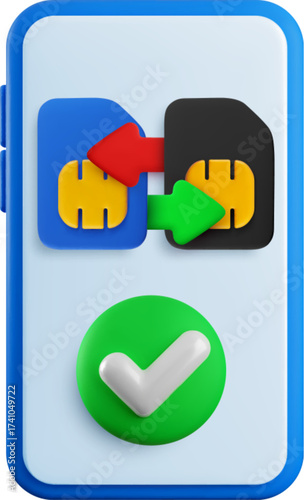 Vector cartoon 3d Change SIM cards banner. 3d render of blue and black SIM card with transfer arrows, smartphone, green checkmark. Transferring phone number, switch between two SIM card slots concept.