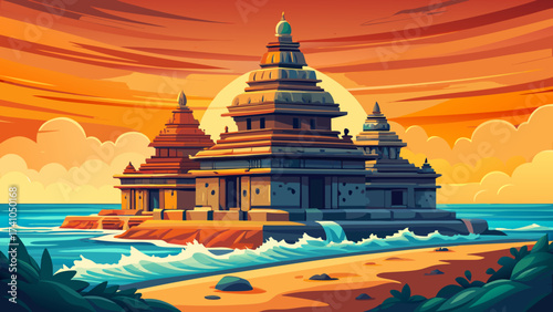 Mahabalipuram Shore Temple in India stands against waves of the Bay of Bengal, its stone carvings reflecting Pallava dynasty craftsmanship under glowing tropical sunlight in a minimalist vector 