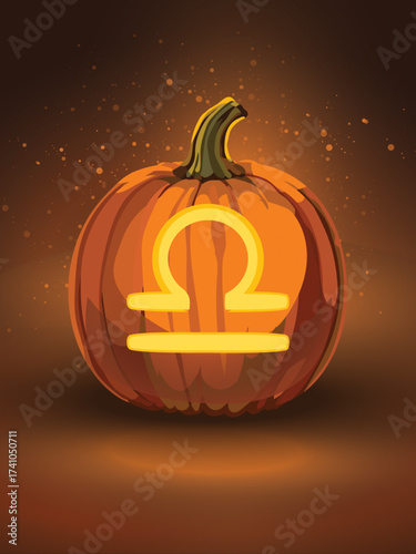 Equinox Ember – Libra Zodiac Pumpkin. A glowing jack-o'-lantern carved with the Libra zodiac symbol, casting warm golden-orange light against a dark, ember-speckled backdrop. 
