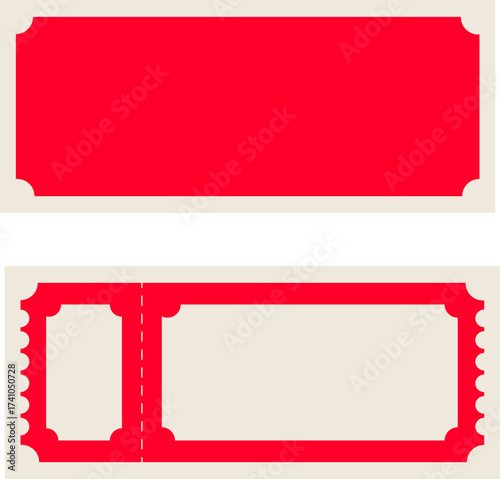 Two vintagestyle tickets one blank red rectangle and one with a perforated edge perfect for events promotions or retro designs with a beige background