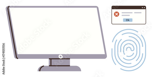 Computer monitor with error notification, fingerprint scanner, emphasizing cybersecurity, identity verification, and digital authentication. Ideal for security, technology, privacy, data protection