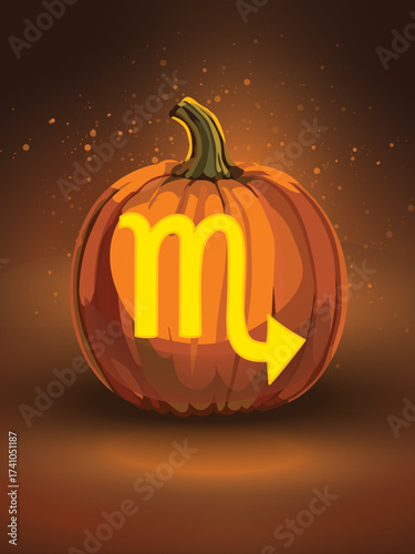 Sting of Ember – Scorpio Zodiac Pumpkin.A glowing jack-o'-lantern carved with the Scorpio zodiac symbol, casting a bold yellow-orange light against a dark, ember-speckled backdrop. 