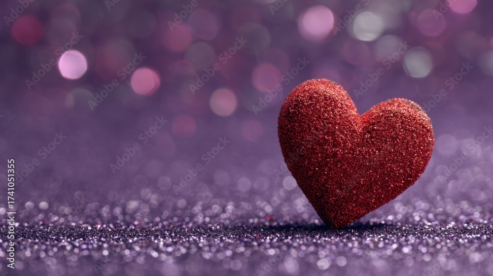Obraz premium Red glitter heart with purple bokeh background, central composition and particle texture, shiny reflection and romantic glow for Valentine's Day and wedding celebration design