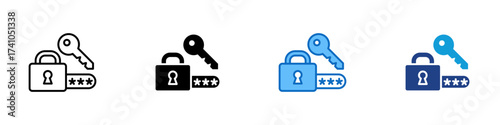 Password Security Multiple Style Icon Design Vector - Padlock with key and password, representing strong login security and data protection