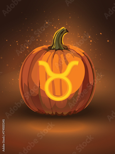 Halloween Pumpkin with Glowing Taurus Zodiac Glyph. A glowing jack-o'-lantern carved with the Taurus zodiac symbol, radiating warm orange and golden light against a dark autumnal backdrop. 