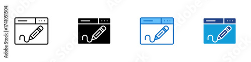 Web Edit Multiple Style Icon Design Vector - Browser window with pencil, representing online editing, content writing, and customization