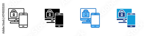 Multi Device Security Multiple Style Icon Design Vector - Computer and smartphone with padlock, representing multi-device security and account protection