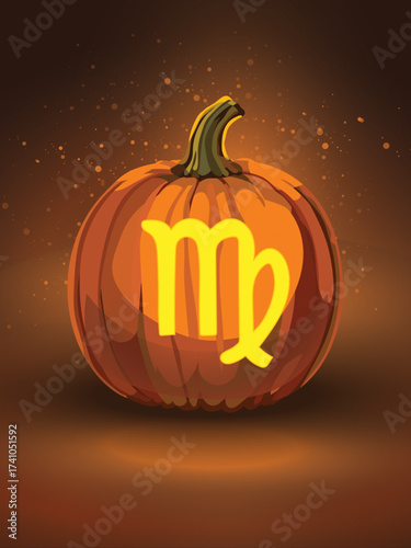 Harvest Glow – Virgo Zodiac Pumpkin. A glowing jack-o'-lantern carved with the Virgo zodiac symbol, casting a soft golden-orange light against a dark, ember-speckled backdrop. 