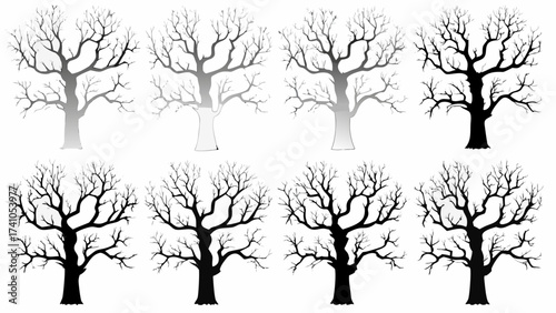 Spooky bare trees in monochrome shades create a stark and eerie forest scene, perfect for Halloween or gothic designs, with scalability thanks to its vector origin