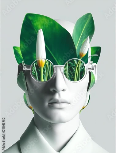 Innovative art piece combines nature and modern fashion in a creative display featuring a mannequin with reflective glasses