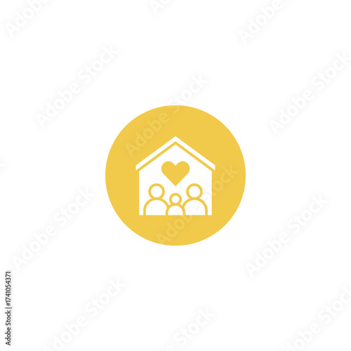Illustrative icon representing a happy family living in a loving home with a heart symbol above