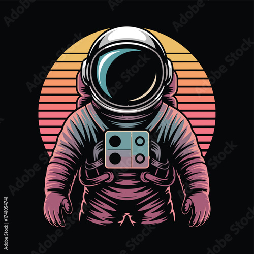 Astronaut standing on alien planet with sunset, a unique T-shirt Design. Represents space exploration and discovery.