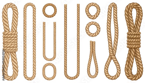 Collection of Various Rope Elements Isolated on White Background