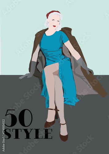 jaren 50 damen zitten op een muur. elegant met fijne winter jas