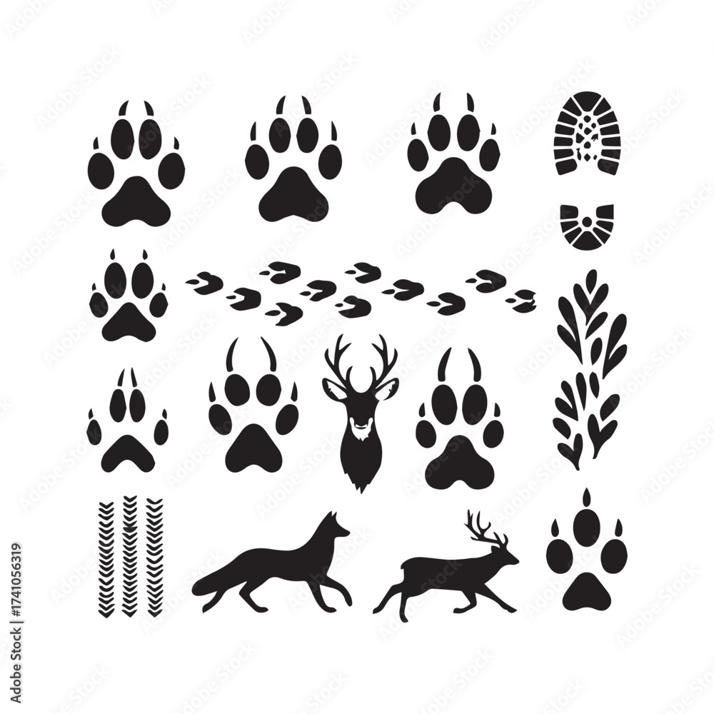 Fototapeta premium Combination of Animal Paw Prints Footprints Deer and Wolf Silhouettes Boot Print and Plant on White Background